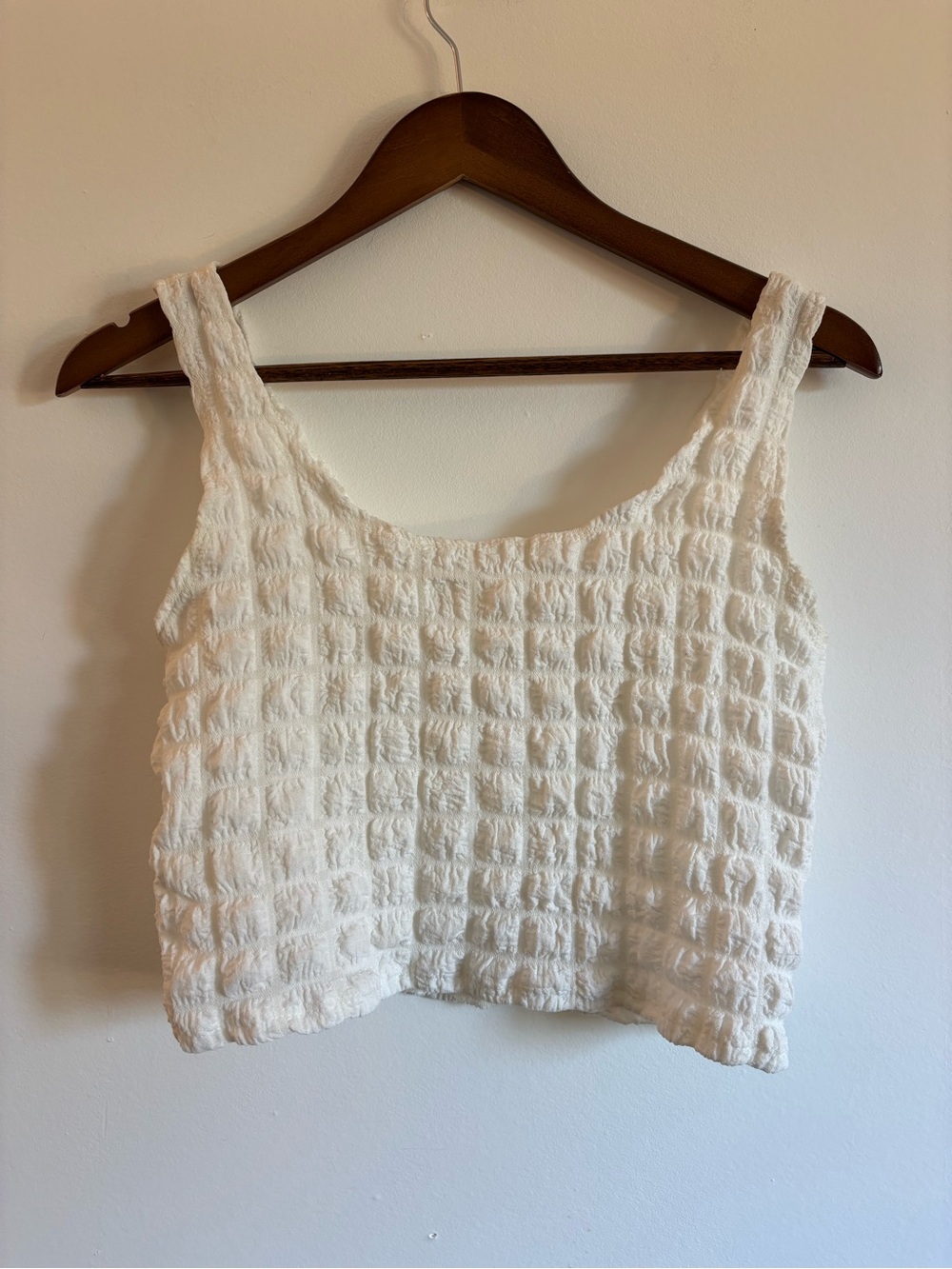 Textured White Square-Neck Crop Tank Top